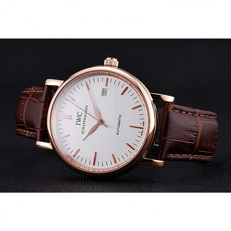 Swiss IWC Portofino Gold Case White Dial Brown Leather Bracelet 622668-4