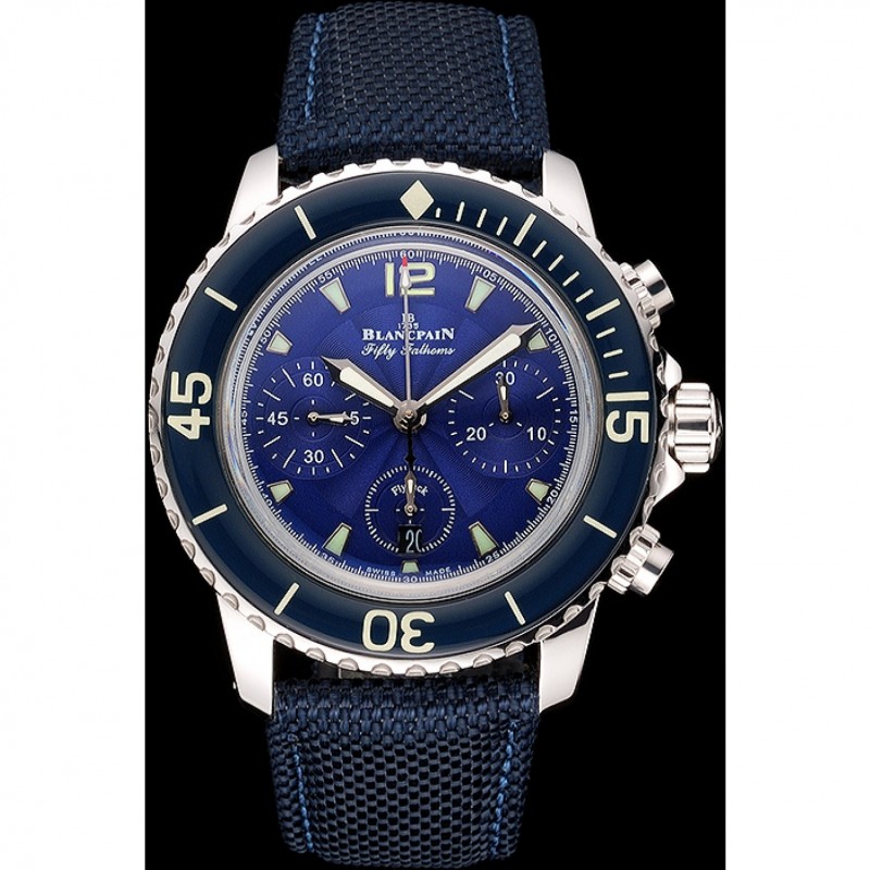 Swiss Blancpain Fifty Fathoms Flyback Chronograph Blue Dial Blue Bezel Stainless Steel Case Blue Canvas Strap-1