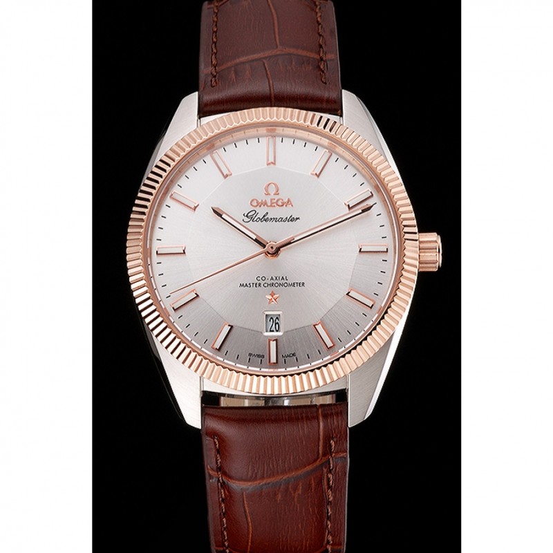 Omega Globemaster Silver Dial Rose Gold Bezel Stainless Steel Case Brown Leather Strap-1