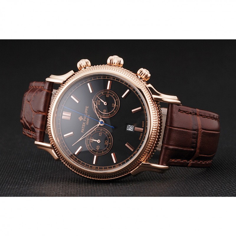 Patek Philippe Chronograph Black Dial Rose Gold Case Brown Leather Strap-3