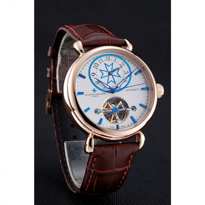 Vacheron Constantin Traditionnelle Tourbillon White Dial Blue Hourmarks Gold Case Brown Leather Bracelet 1454059-2