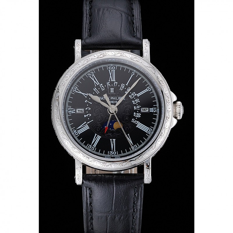 Patek Philippe Perpetual Calendar Retrograde Date Black Dial Engraved Silver Case Black Leather Bracelet 1454146-1