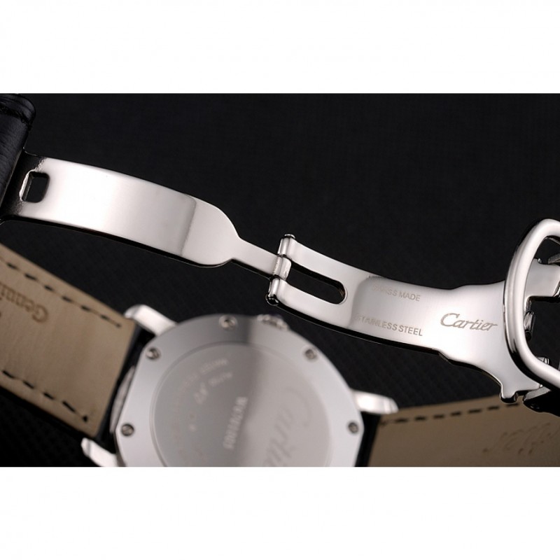 Cartier Ronde White Dial Diamond Hour Marks Stainless Steel Case Black Leather Strap-6