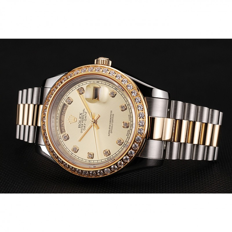 Swiss Rolex Day-Date Champagne Dial Gold Diamond Case Two Tone Stainless Steel Bracelet 1453974-2