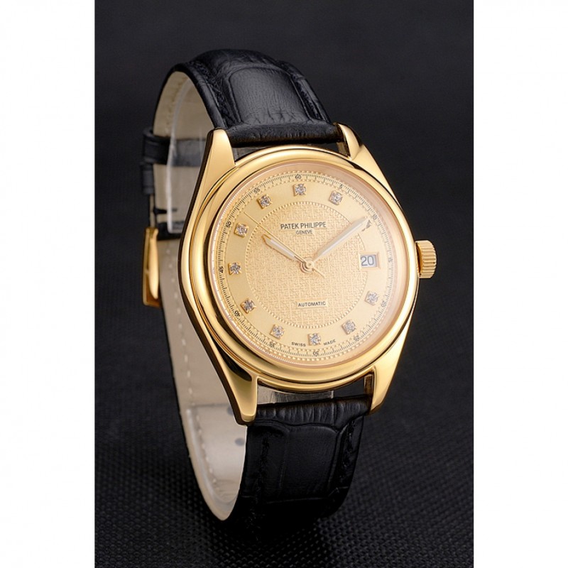 Swiss Patek Philippe Calatrava Gold Dial Diamond Markings Gold Case Black Leather Strap-2