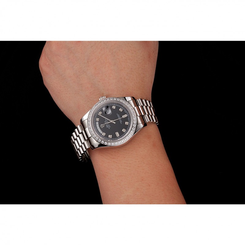 Swiss Rolex Day-Date Black Dial Diamond Case Diamond Numerals Stainless Steel Bracelet 1453966-8