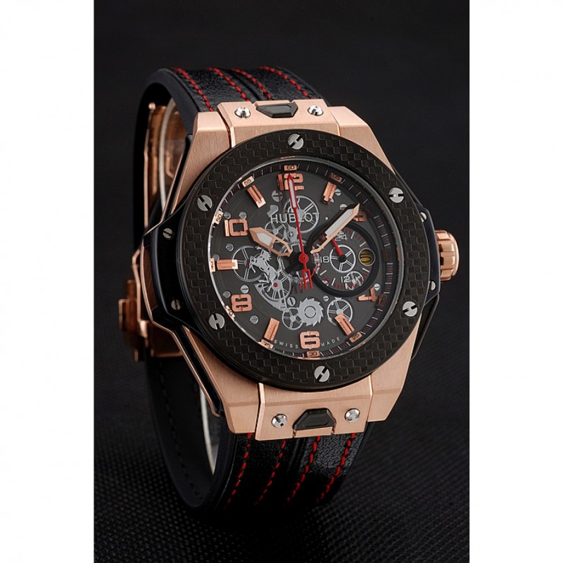 SS Replica Watches Hublot Big Bang Ferrari Silver Dial Carbon Bezel Gold Case Black Leather Strap 622769-2