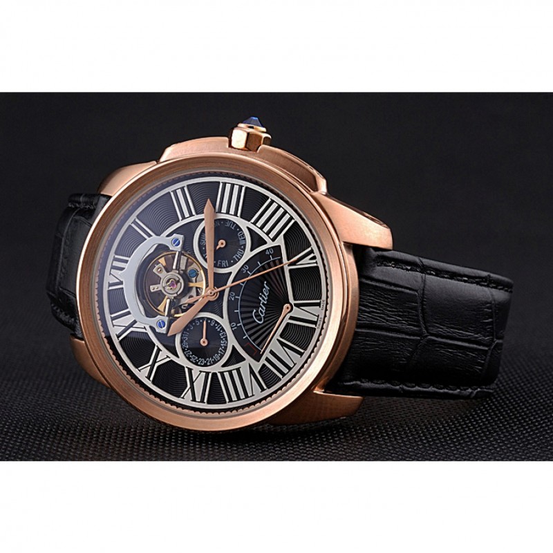 Cartier Calibre Tourbillon Black Dial Gold Case Black Leather Strap 622754-4