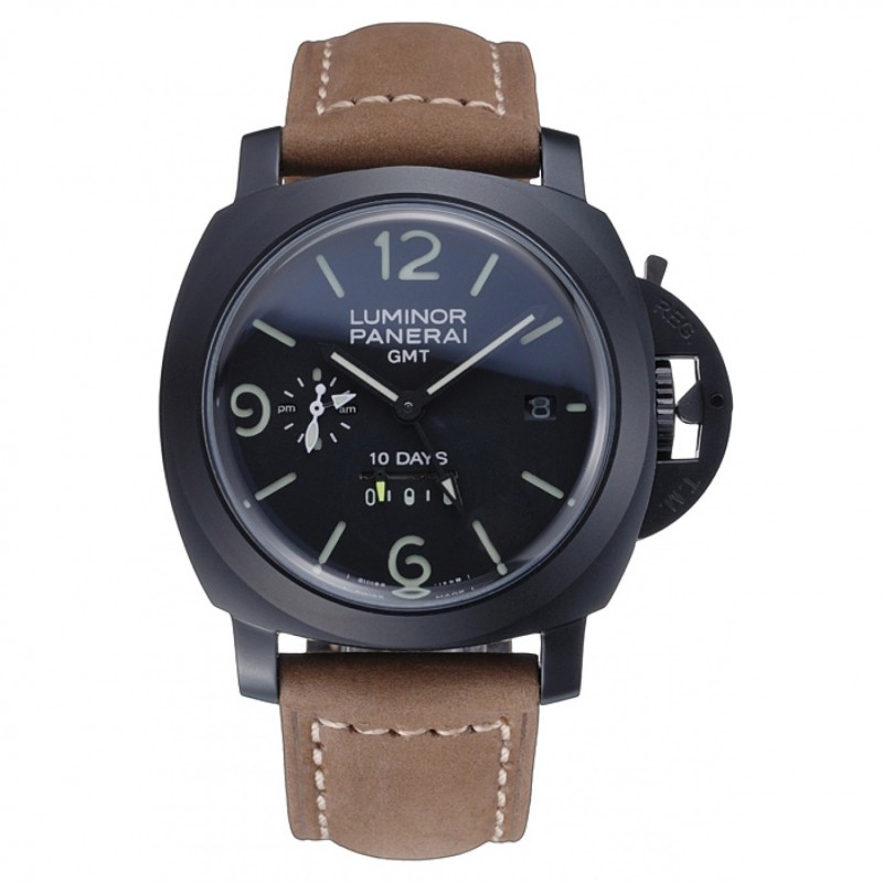 High End Replica Watches Panerai Luminor GMT Ion Plated Stainless Steel Bezel Khaki Leather Bracelet 622315-0