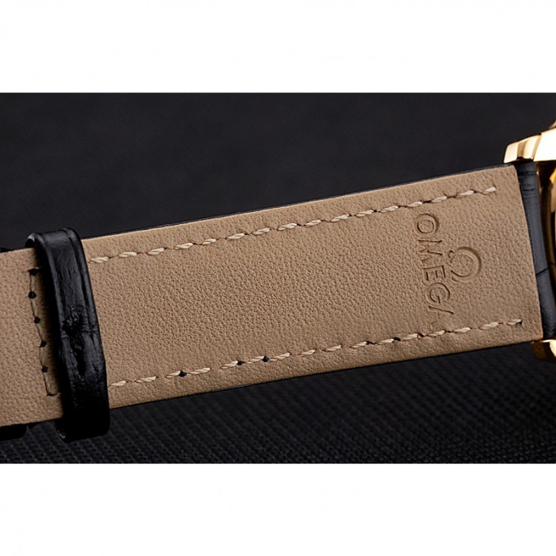 Omega De Ville Prestige White Dial Gold Case Black Leather Strap-6
