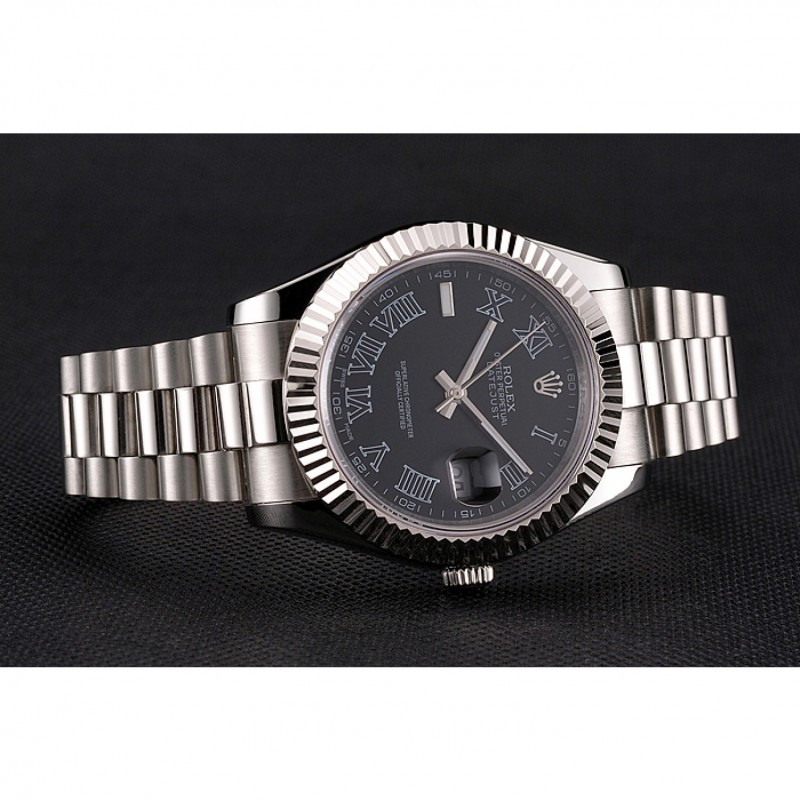Swiss Rolex Datejust Black Dial Roman Numerals Stainless Steel Case And Bracelet-3
