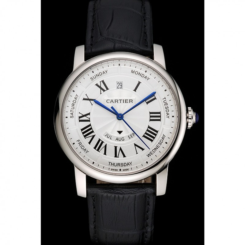 Swiss Cartier Rotonde Annual Calendar White Dial Stainless Steel Case Black Leather Strap-1