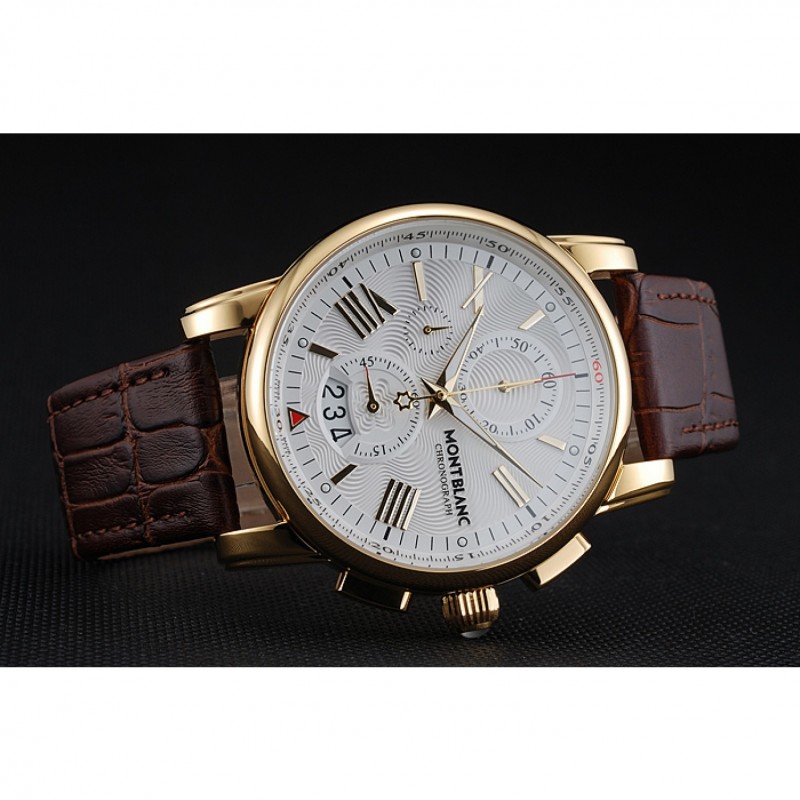 Cheap Replica Watches Montblanc Chronograph White Dial Brown Leather Bracelet Gold Case 1454113-3
