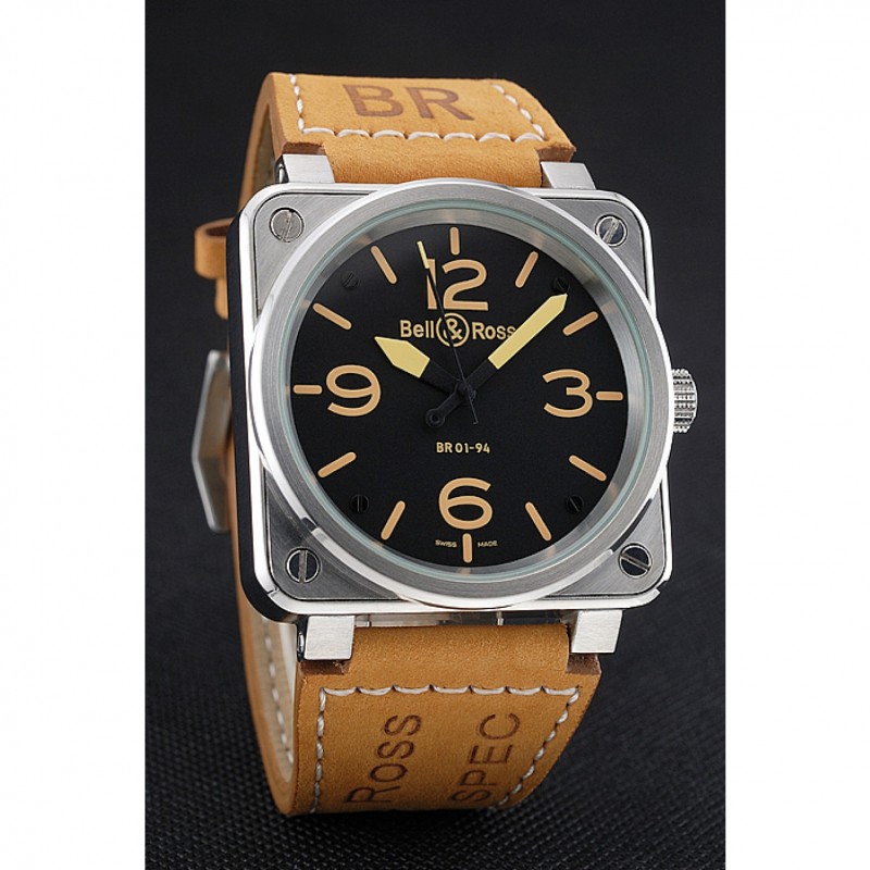 Bell and Ross BR 01-92 Black Dial Silver Case Gold Numerals Brown Leather Strap-2