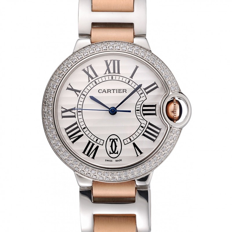 Swiss Ballon Blue De Cartier Diamond Steel Case White Dial Roman Numerals Two Tone Bracelet 622647-0