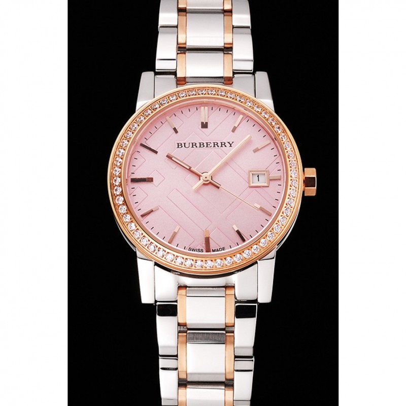 Cheap Burberry The City Pink Dial Rose Gold Diamond Bezel Stainless Steel Case Two Tone Bracelet-1