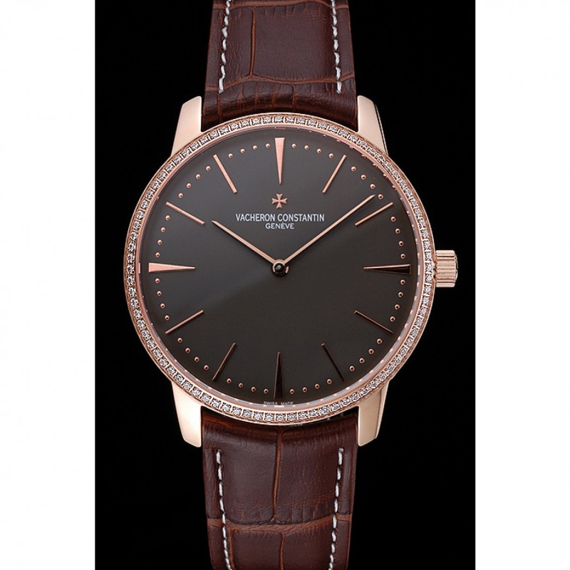 AAA Swiss Vacheron Constantin Patrimony Grand Taille Grey Dial Rose Gold Diamonds Case Brown Leather Bracelet 1454172-1