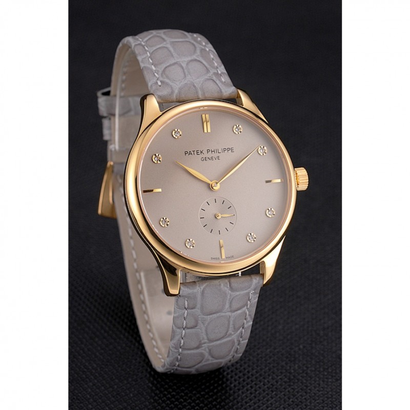 High Quality Patek Philippe Calatrava Gray Dial Diamond Markings Gold Case Gray Leather Strap-2
