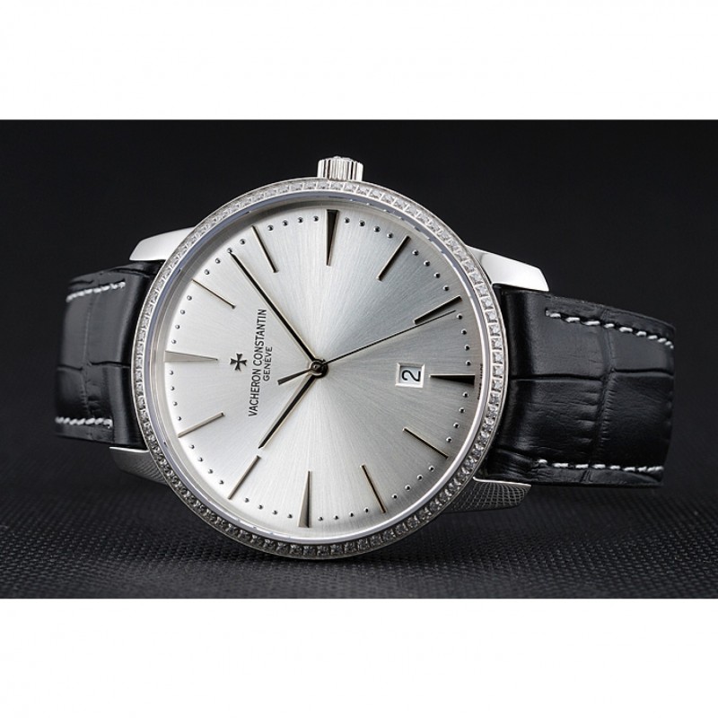 SS Replica Watches Swiss Vacheron Constantin Patrimony White Dial Silver Diamonds Case Black Leather Bracelet 1454162-3