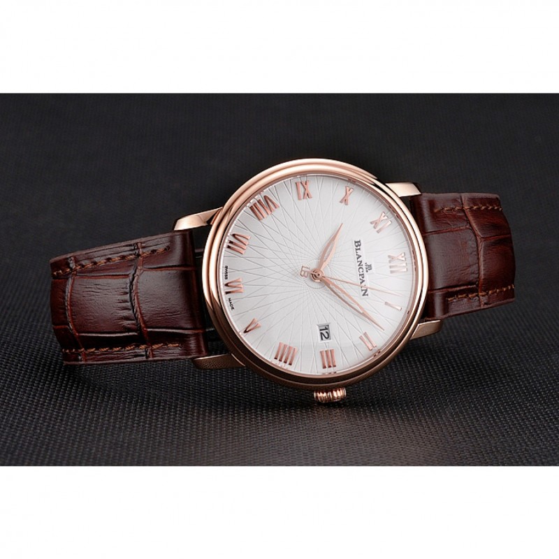 SS Blancpain Villeret Ultra Slim White Groved Dial Gold Numerals Rose Gold Case Brown Leather Strap-4