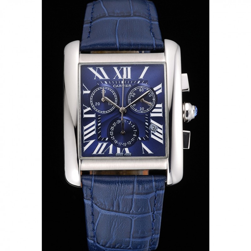 Cheap Replica Watches Cartier Tank MC Blue Dial Stainless Steel Case Blue Leather Bracelet 622691-1