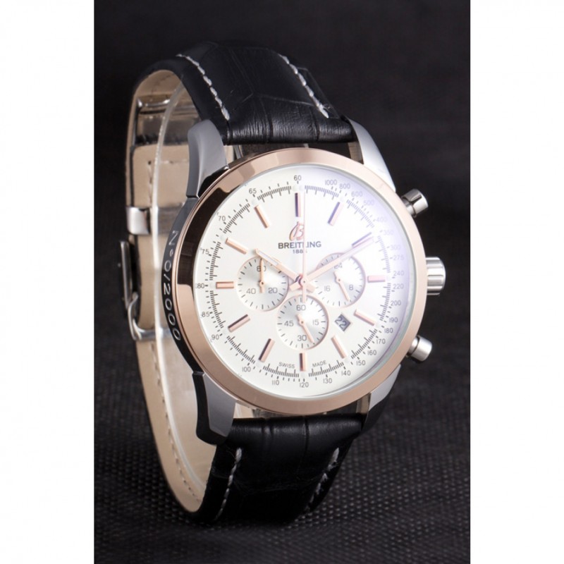 Breitling Transocean White Dial Black Leather Strap Rose Gold Bezel 98205-2