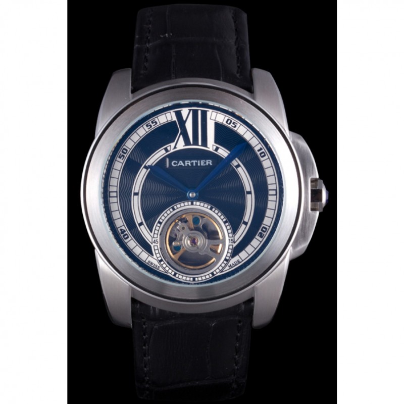 Cartier Calibre Flying Tourbillon Black Dial Stainless Steel Case Black Leather Bracelet-1