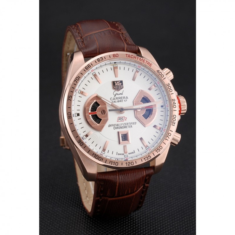 Tag Heuer Carrera Rose Gold Case White Dial Brown Leather Strap 98245-2