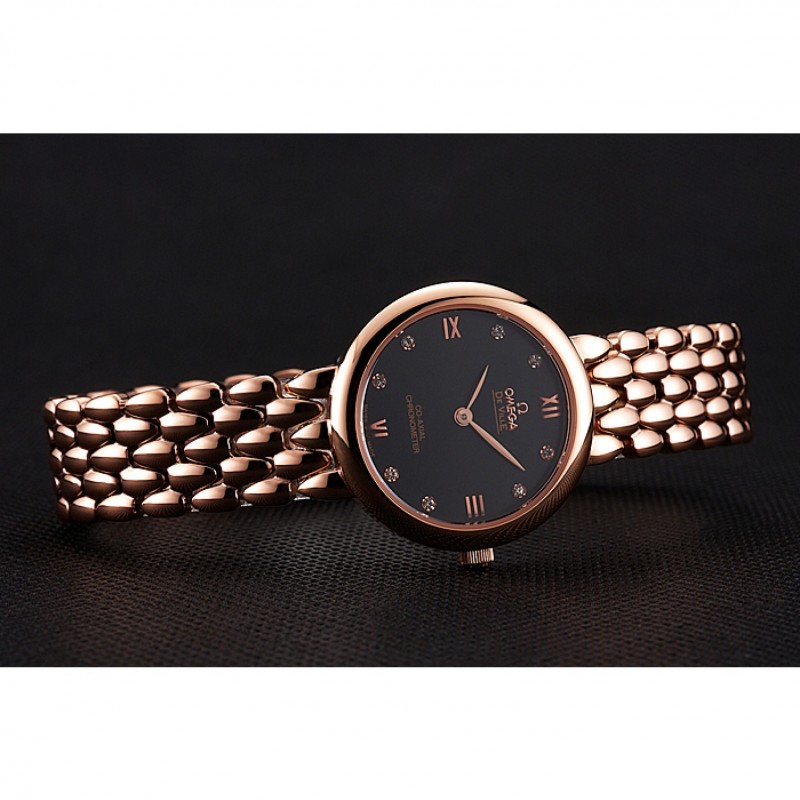 Cheap Omega De Ville Prestige No Date Black Dial With Diamonds Rose Gold Case And Bracelet-4