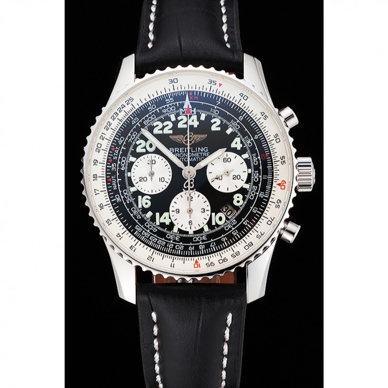 Swiss Breitling Navitimer Cosmonaute Black Dial Stainless Steel Case Black Leather Strap-1