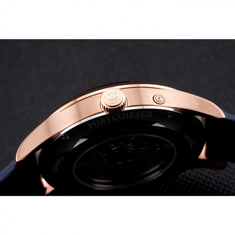 Cheap Replica Watches Swiss IWC Portugieser Power Reserve Blue Dial Rose Gold Case Blue Leather Strap-8