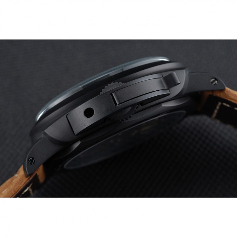 Panerai Luminor Black Ionized Stainless Steel Case Black Dial Brown Suede Leather Strap-8