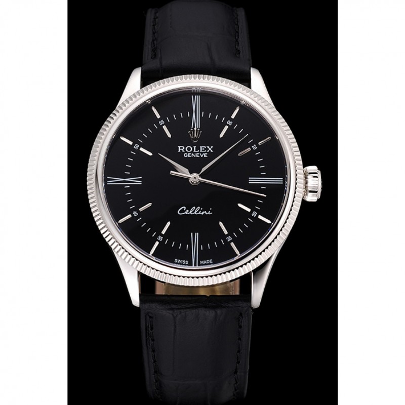 Swiss Rolex Cellini Time Silver Case Black Dial Black Leather Bracelet 622654-1