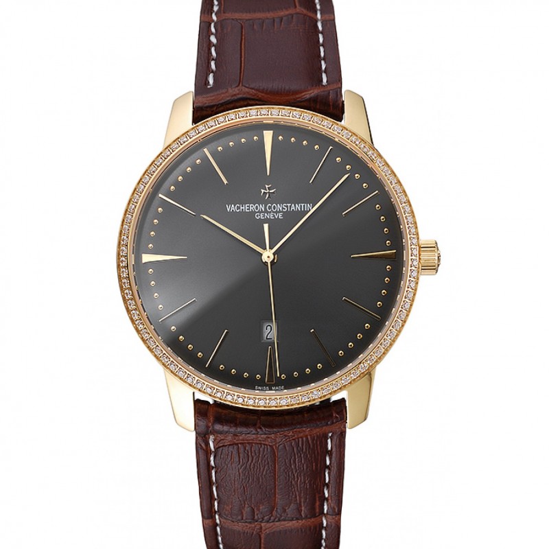 Swiss Vacheron Constantin Patrimony Grey Dial Gold Diamonds Case Brown Leather Bracelet 1454182-0