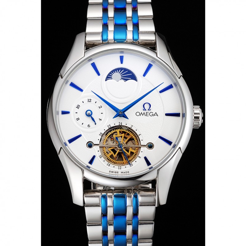 Omega De Ville Moonphase Tourbillon White Dial Stainless Steel Case Two Tone Steel Blue Bracelet-1