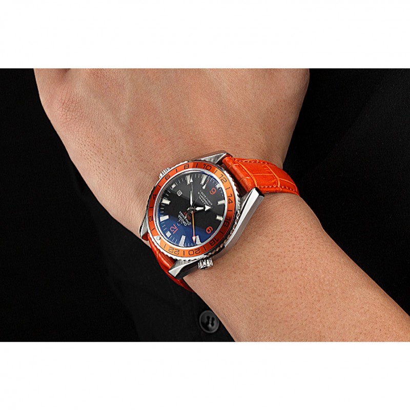 Luxury Replica Watches Omega Seamaster Planet Ocean GMT Orange Dial Orange Leather Band 622395-8