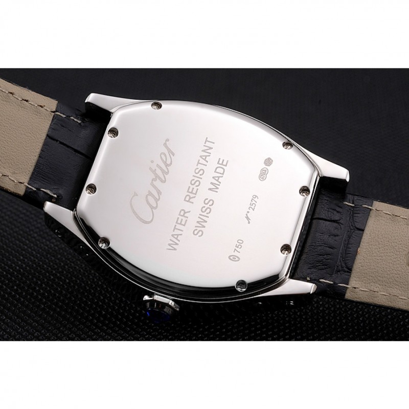 Cartier Tortue Large Date Black Dial Stainless Steel Case Black Leather Strap-8
