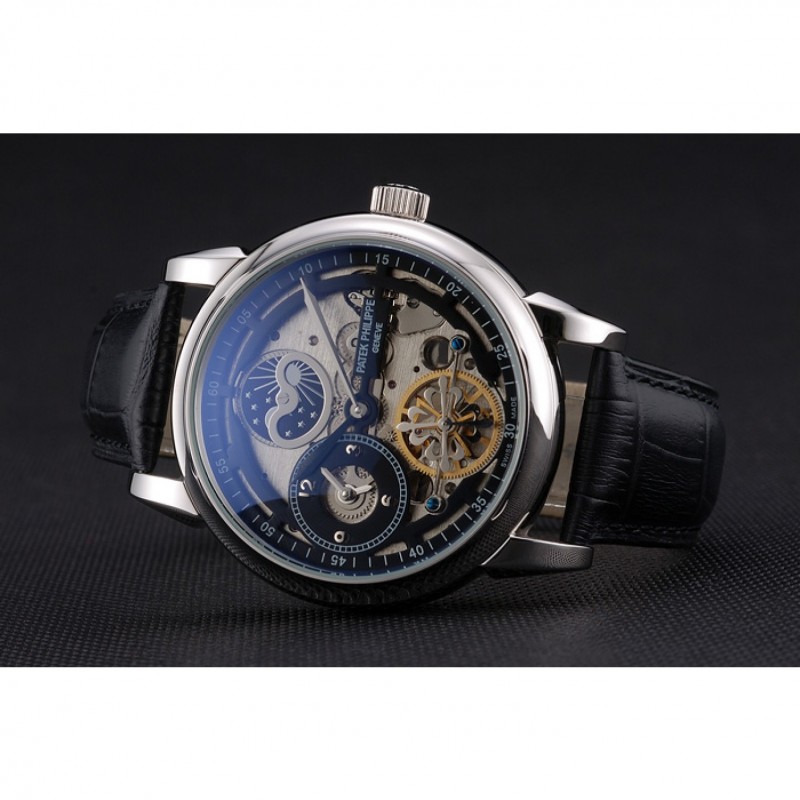 Patek Philippe Dual Time Moonphase Tourbillon Black Skeletonised Dial Stainless Steel Case Black Leather Strap-3