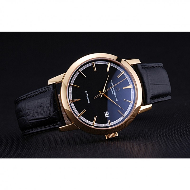 Swiss Vacheron Constantin Patrimony Traditionnelle Gold Case Black Leather Bracelet 622558-3