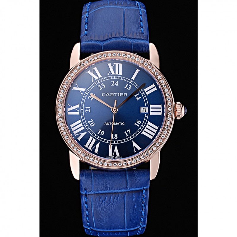 Swiss Cartier Ronde Solo Gold Diamond Case Blue Dial Roman Numerals 622208-1