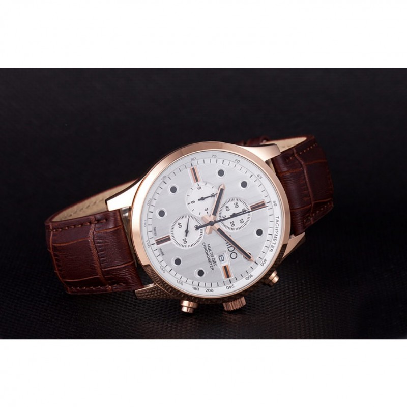Mido Multifort Brown Croco Leather Strap White Dial 80287-3