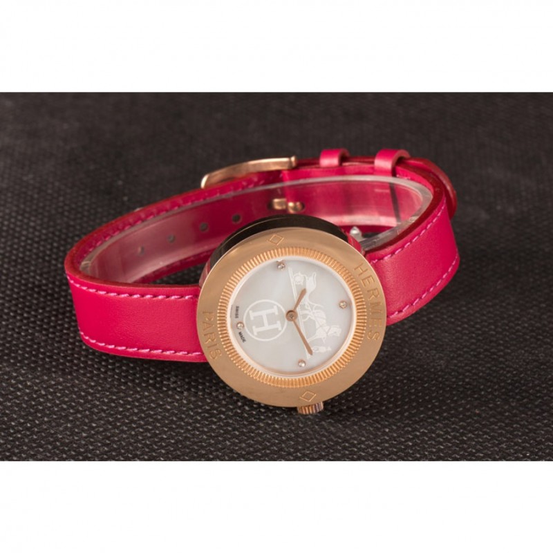 Hermes Classic MOP Dial Magenta Leather Bracelet 801388-4