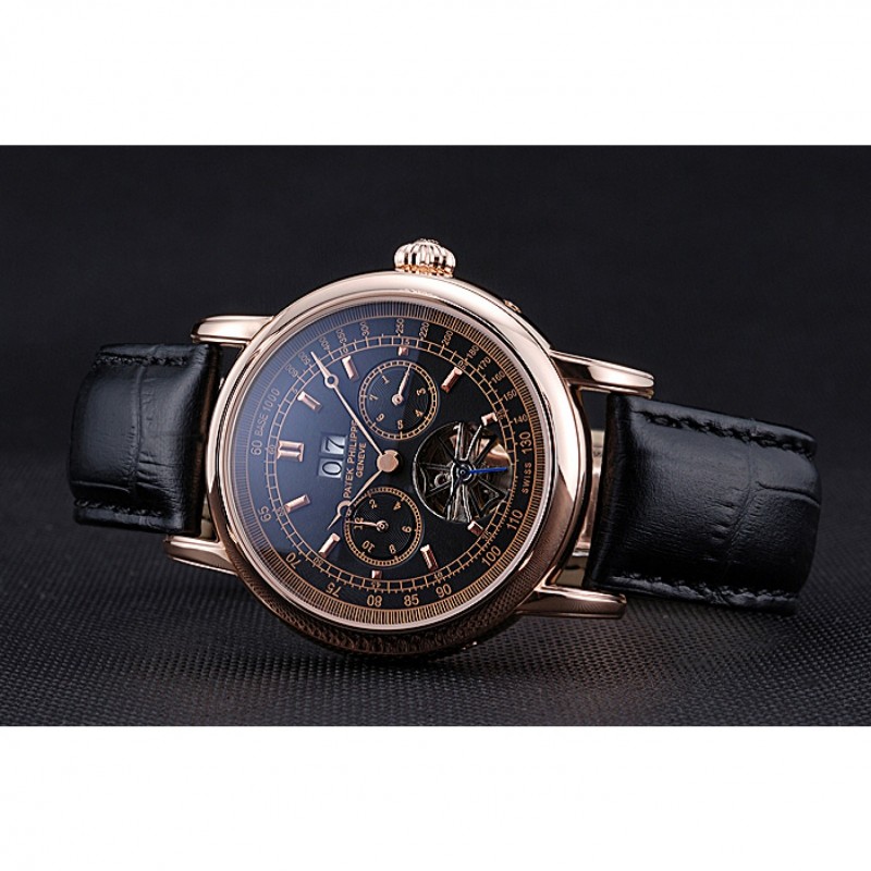Patek Philippe Geneve Grand Complications Black Dial Tourbillon Rose Gold Bezel Black Band 622157-4