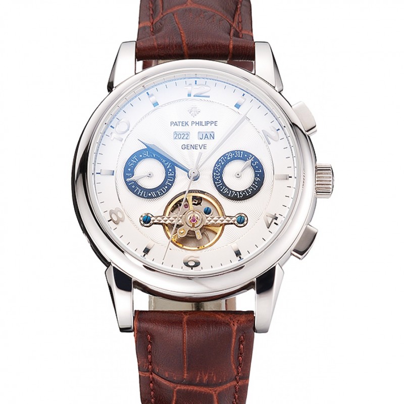 Cheap Replica Watches Patek Philippe Perpetual Calendar Tourbillon White Dial Stainless Steel Case Brown Leather Strap-0