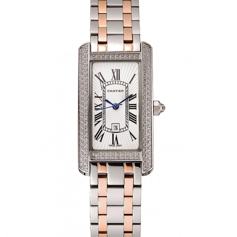 Luxury Replica Watches Cartier Tank Americaine White Dial Diamond Bezel Stainless Steel Case Two Tone Bracelet 1453778-0