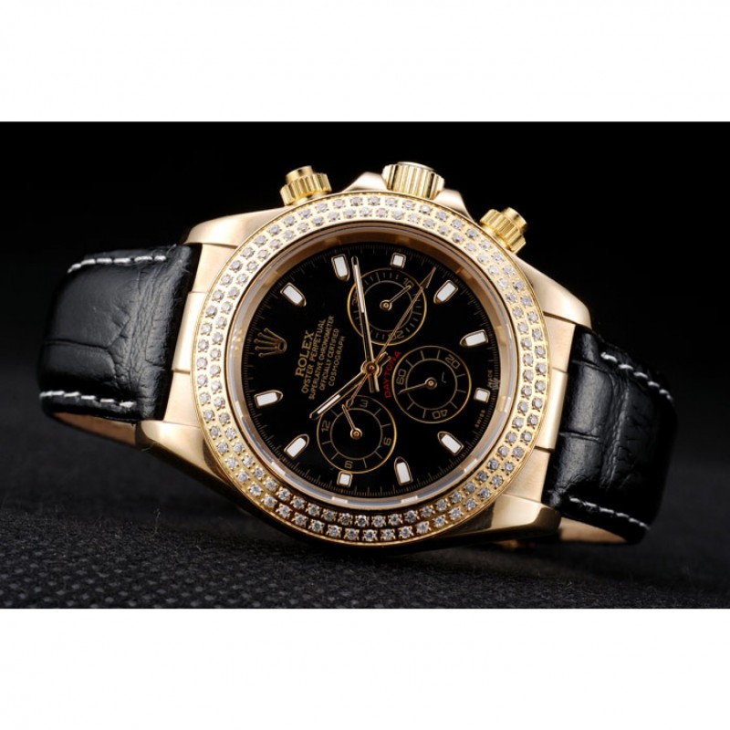 Rolex Daytona Gold Case Crystal Studded Bezel Black Dial-4