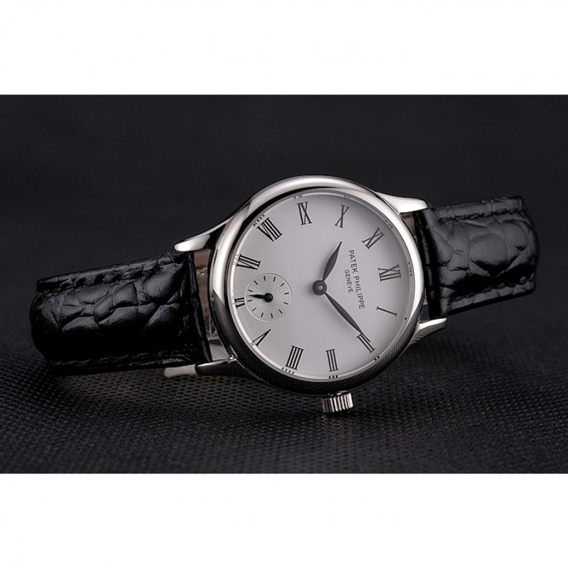 Patek Philippe Calatrava White Dial Roman Numerals Stainless Steel Case Black Leather Strap-4