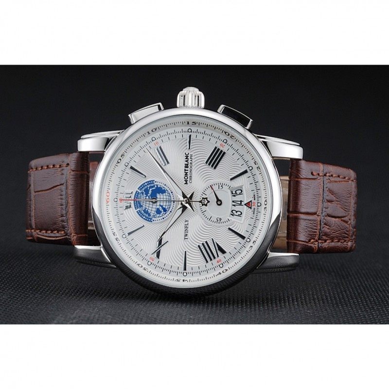 Cheap Replica Watches Montblanc Twinfly Chronograph White Dial Brown Leather Bracelet 1454117-4