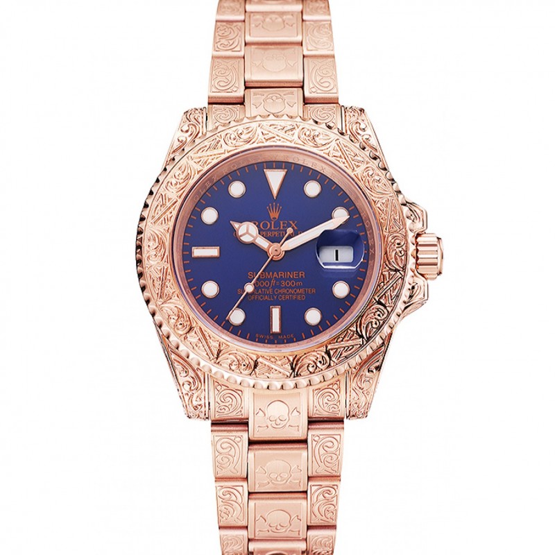 Swiss Rolex Submariner Skull Limited Edition Blue Dial Rose Gold Case And Bracelet 1454085-0
