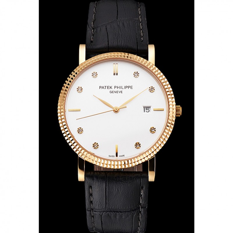 Patek Philippe Calatrava White Dial Diamond Hour Marks Ribbed Bezel Gold Case Black Leather Strap-1